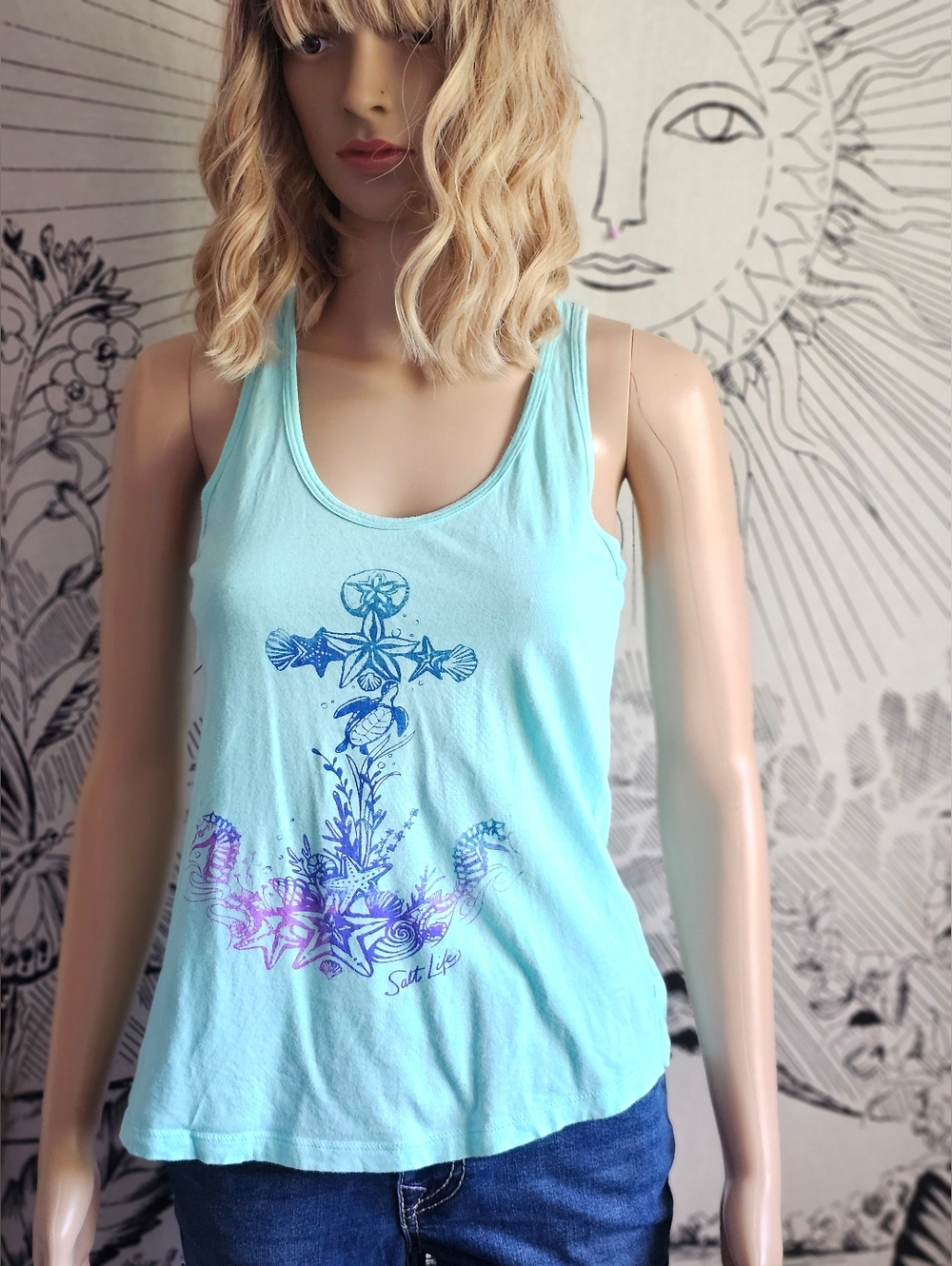 Salt Life Light Aqua Graphic Anchor Turtle Racerback Tank Top Small